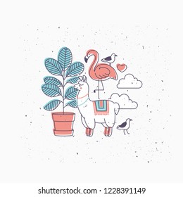 Ficus, llama, gull, flamingo and clouds illustration. Fun vintage style kid t-shirt print. Trendy animals. Vector illustration
