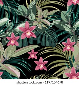 Ficus, palm leaves and pink orchid flowers seamless pattern, tropical foliage, branch, greenery. Decorative background in rustic style for wedding invite, fabric. Black background.