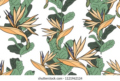 Ficus and paradise bird flowers. Palm leaves and exotic flowers composition. Vector illustration. Botanical seamless background. Digital nature art.