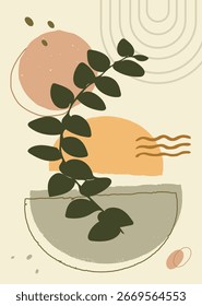 Ficus pumila Blatt Hintergrund für Branding, Verpackung oder Einladungen. Perfekt für Poster, Karten oder Cover mit abstrakter botanischer Kunst in erdigem Pfirsich, Grün und Beige mit einem modernen Minimalstil.