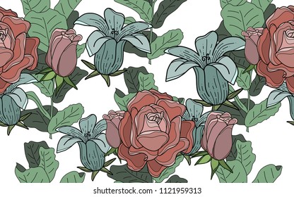 Ficus and roses. Palm leaves and exotic flowers composition. Vector illustration. Botanical seamless background. Digital nature art.