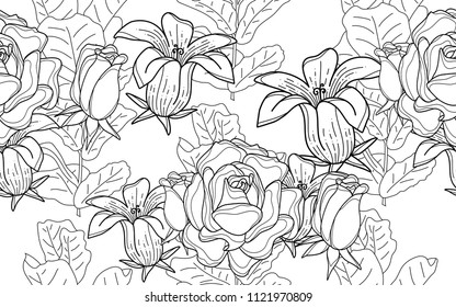 Ficus and roses. Palm leaves and exotic flowers composition. Vector illustration. Botanical seamless background. Digital nature art.