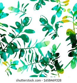 Ficus silhouette. Multi-colored watercolor tree. Seamless background. Vector illustration