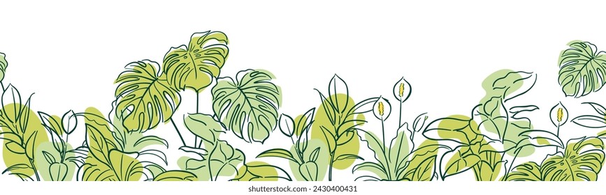 Ficus, Syngonium, Monstera, Spathiphyllum. horizontal seamless border. Exotic plant. Home floriculture, house plants, hobby. Botanical illustration in hand drawn sketch style. Outline illustrations.