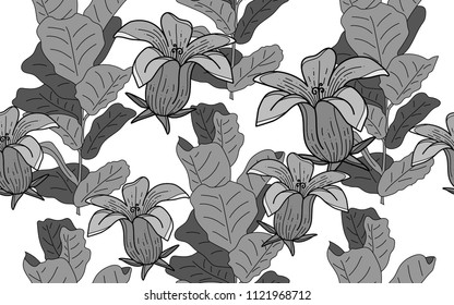 Ficus tree leaves and exotic flowers composition. Vector illustration. Botanical seamless background. Digital nature art.