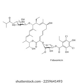 Fidaxomicin flache skelettale Molekularstruktur Lipiarymycin Antibiotikum wird zur Behandlung eingesetzt. Vektorgrafik.