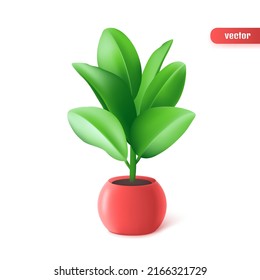 Fiddle leaf fig plant in the pot. Realistic colorful houseplants in plastic 3d style on a white background. Vector illustration