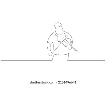 Fiddle player in line art drawing style. Composition of a musician playing. Black linear sketch isolated on white background. Vector illustration design.