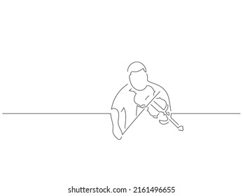 Fiddle player in line art drawing style. Composition of a musician playing. Black linear sketch isolated on white background. Vector illustration design.