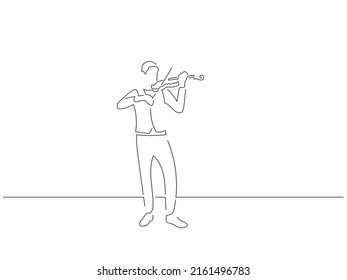 Fiddle player in line art drawing style. Composition of a musician playing. Black linear sketch isolated on white background. Vector illustration design.