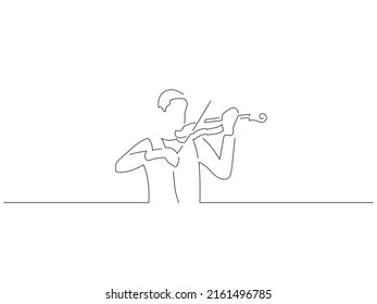 Fiddle player in line art drawing style. Composition of a musician playing. Black linear sketch isolated on white background. Vector illustration design.