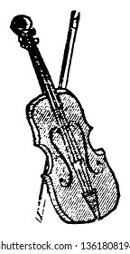Fiddle is a stringed instrument of music, vintage line drawing or engraving illustration.