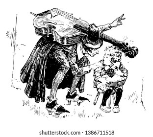 Fiddler and Jack Horner, a man with musical instrument talking to little boy who is sitting on small table, vintage line drawing or engraving illustration
