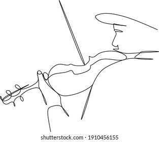 Fiddler minimalism draws a continuous line with a single drawn vector. A violinist plays a classical musical instrument.