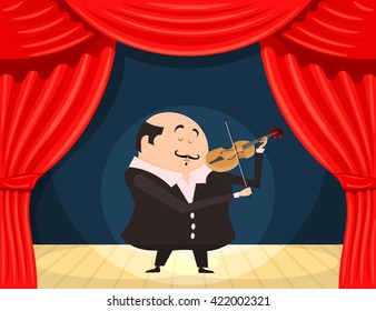 Fiddler on the scene. Vector illustration violinist on stage. Execution of classical music. 
Stock vector