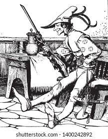 Fiddler sentado en la mesa, dibujo de línea vintage o ilustración de grabado
