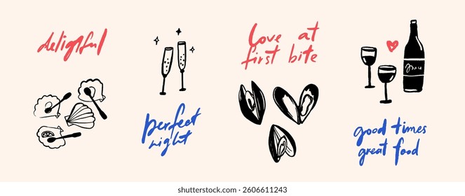 Fide dine cuisine doodle illustrations graphic set. Line drawing of mussels, served scallop shells, bottle of wine and glasses. Handwritten inspirational quotes for restaurant posters, menu