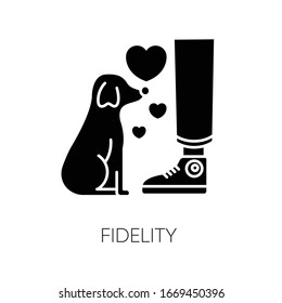 Fidelity black glyph icon. Best friend, friendship with pet. Domestic animal love and loyalty, emotional attachment silhouette symbol on white space. Little puppy vector isolated illustration