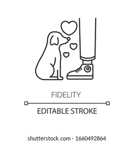 Fidelity pixel perfect linear icon. Thin line customizable illustration. Best friend, friendship with pet. Domestic animal love contour symbol. Vector isolated outline drawing. Editable stroke