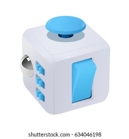Fidget cube vector illustration. Fidget cube tricks. Badges, labels, banners, advertisements, brochures, business templates. Vector illustration isolated on white background