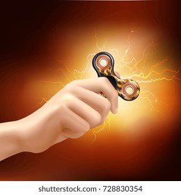 Fidget finger spinner device in hand with fiery lighting effects and soft glowing background realistic vector illustration 