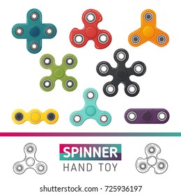 Fidget finger spinner icons set. Hand spinner - toy for stress relief, tricks. Flat design element for badge, label, banner, advertisement, brochure, business templates. Isolated vector illustration.