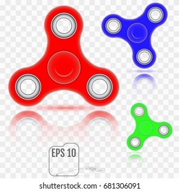 Fidget finger spinner stress, anxiety relief toy. Red, green and blue spinners on transparent background. Vector illustration