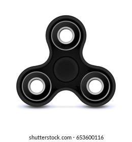 Fidget finger toy. Black color hand Spinner isolated on white background. Vector illustration of realistic rounded object with circle shapes and radial button