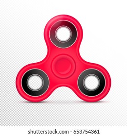 Fidget finger toy. Red color hand Spinner isolated on white background. Vector illustration of realistic rounded object with circle shapes and radial button