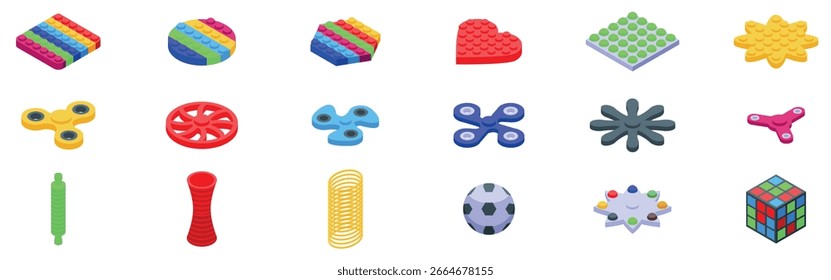  Ícones do Fidget definidos. Coleção de brinquedos isométricos e sensoriais, incluindo pop it, covinhas simples, spinners e outros jogos envolventes promovendo o relaxamento e foco