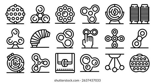 Fidget icons set. Set of line icons of fidget toys and pop it, relaxing anti stress toys for children and adults promoting concentration and focus