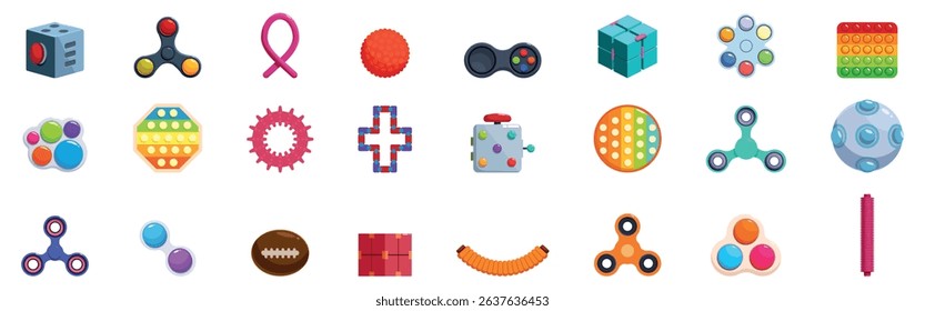 Fidget icons set. Various colorful and engaging fidget toys designed to provide stress relief and improve concentration