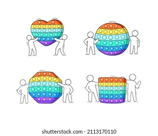 Fidget sensory toy concept. Cartoon doodle collection - men holding pop-it toy. Hand drawn vector for kid and lifestyle design.