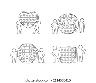 Fidget sensory toy concept. Cartoon doodle collection - men holding pop-it toy. Hand drawn vector for kid and lifestyle design.