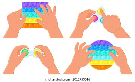 Fidget simple diple y pop los juguetes. Las manos de los niños sostienen burbujas de silicona juguetes sensoriales de ilustración vectorial conjunto. La antiestrés la golpea y los juguetes simples. Burbuja de juego de silicona fidget, dedo de juguete en mano de niño