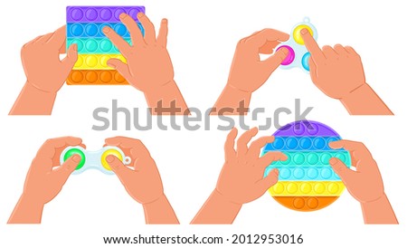 Fidget simple dimple and pop it toys. Kids hands hold silicone bubbles sensory toys vector illustration set. Antistress pop it and simple toys. Silicone fidget game bubble, toy finger in child hand