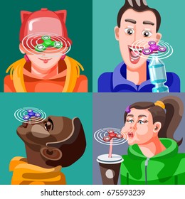 Fidget spinner in children. Children show trick and show a spinner game. Vector illustration