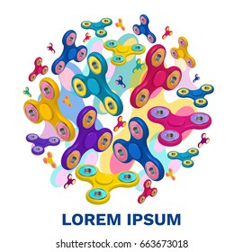 Fidget spinner circle background with colorful 3d icons of modern rotating toys vector illustration