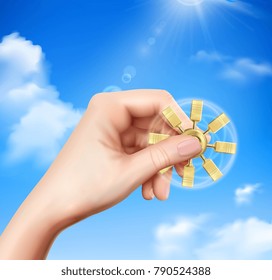 Fidget spinner device in hand rotating between fingers on cloudy sunny blue sky background realistic vector illustration