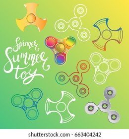Fidget spinner hand drawn vector illustration with several shapes and calligraphy lettering in bright colors on green background. Contoured and realistic spinner toys.