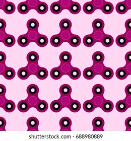 Fidget spinner. Hand toy for stress relief. Seamless pattern with purple spinners for wrapping paper, wallpaper, web page background and more. Vector illustration. EPS10.