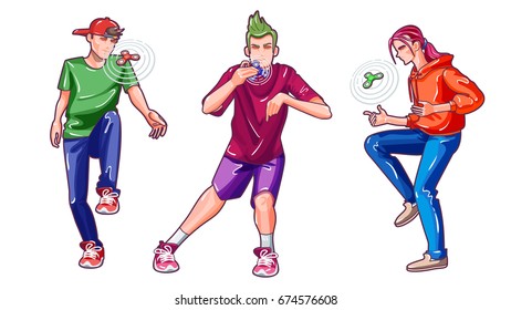 Fidget spinner in the hands of children. Schoolboys show trick and show a spinner game. Vector illustration