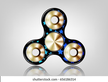 Fidget spinner icon - toy for stress relief and improvement of attention span. Filled gold metallic whit stars
