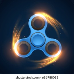 Fidget spinner with neon light spinning effect vector illustration. Spinner finger mechanism to meditation