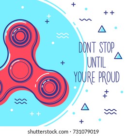 Fidget spinner poster covers with modern hipster and memphis colors. Hand spinner design with motivational quotes for business, label, banner, advertising, placards, flyers, presentations. Vector.