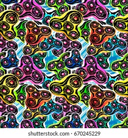 Fidget spinner seamless hand drawn seamless pattern.Hand painted watercolor and ink trendy sketch for textile,wrapping, decoration.