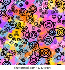 Fidget spinner seamless hand drawn seamless pattern.Hand painted watercolor and ink trendy sketch for textile,wrapping, decoration.