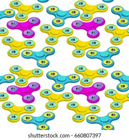 Fidget spinner seamless pattern or background with isometric colorful 3d icons of modern rotating toys vector illustration