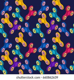 Fidget spinner seamless pattern or background with isometric colorful 3d icons of modern rotating toys vector illustration