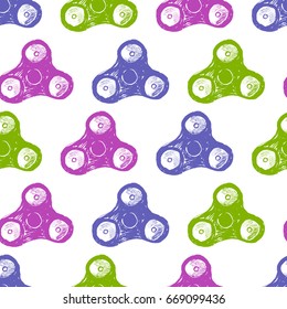 Fidget spinner Seamless pattern. Stress relieving toy. Hand drawn sketched style. Vector isolated